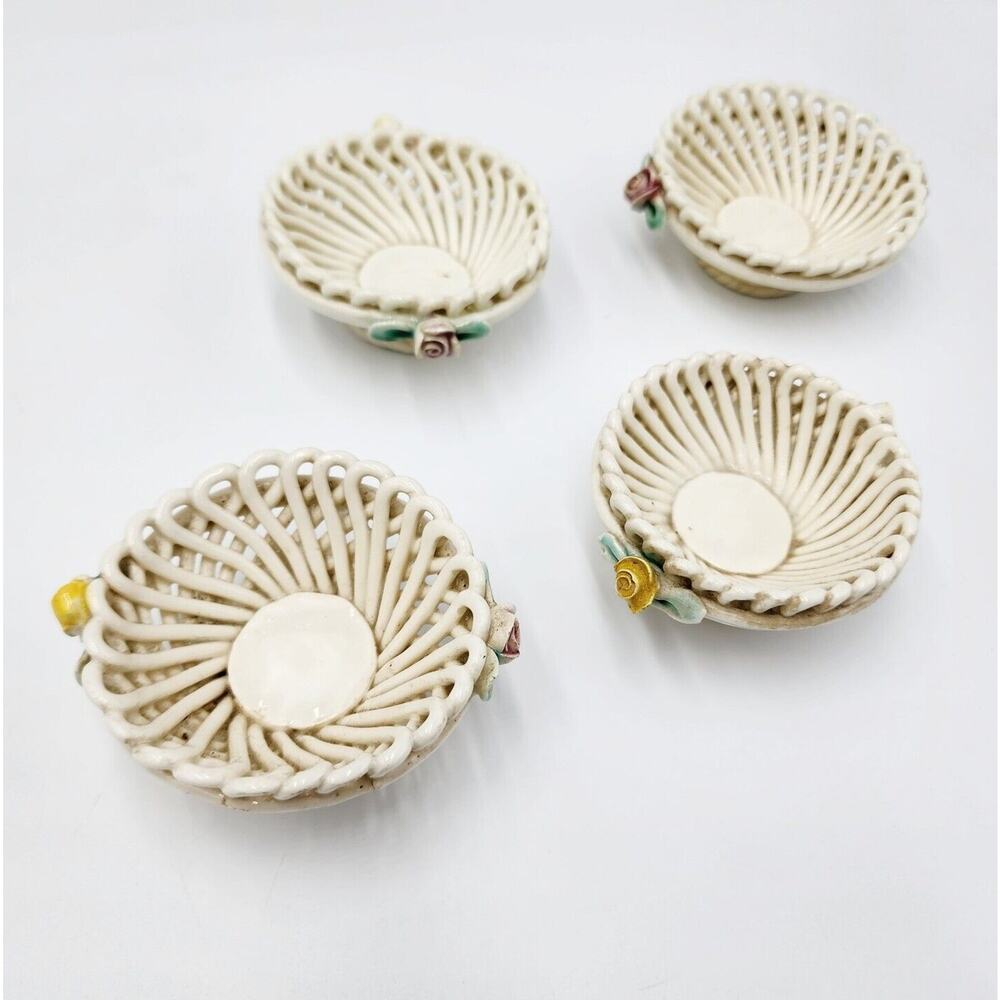 Vintage Set 4 Levante Lattice Baskets Pink Yellow Flower Made In Italy Porcelain
